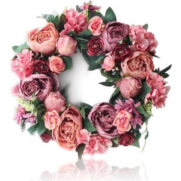 15" Peony Wreath Rose Wreath, Spring Wreath for Front Door, Red Pink Peony Valen - Picture 1 of 7
